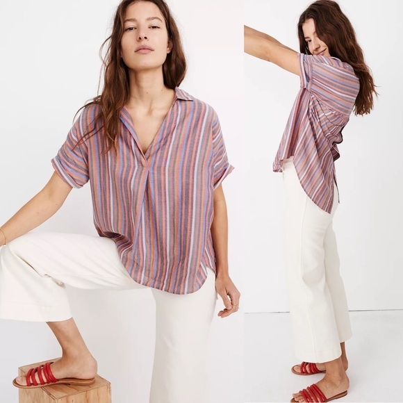 Madewell Courier Button-Back Shirt in Rainbow Stripe - Picture 1 of 8